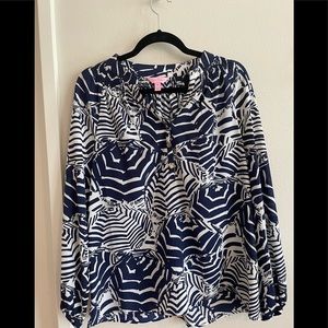 Lilly Pulitzer EUC 100% Silk Navy/White Elsa Top with Umbrella Pattern, Medium